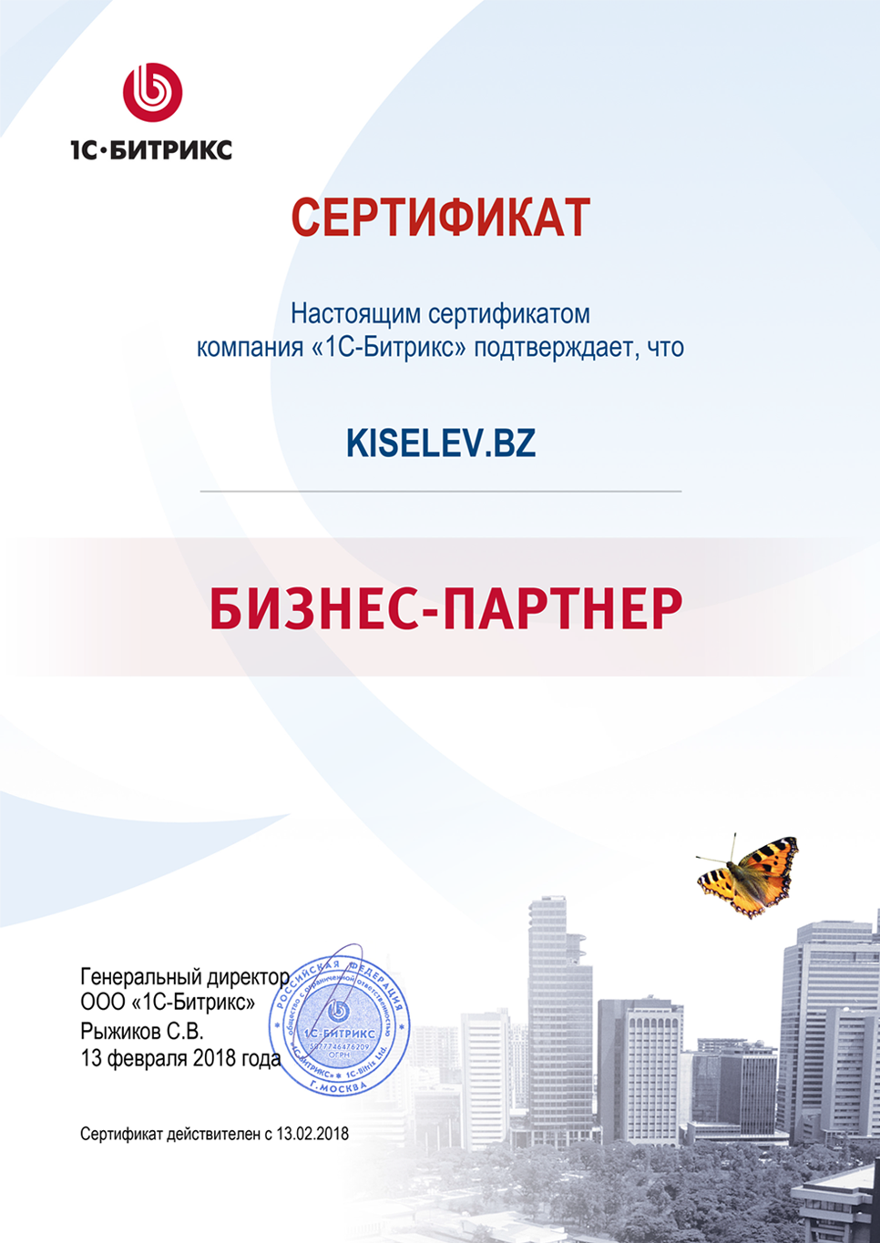 Сертификат партнёра по СРМ системам в Плавске